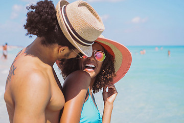 Image showing Happy laughing romantic couple at seaside