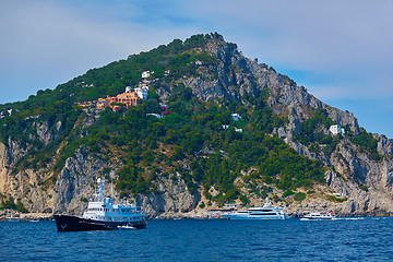 Image showing Capri town on Capri island, Campania, Italy. Capri is an island in the Tyrrhenian Sea off the Sorrentine Peninsula, on the south side of the Gulf of Naples in the Campania region of Italy.