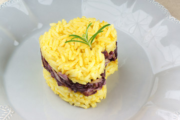 Image showing Heart shaped saffron rice with trevisano chicory