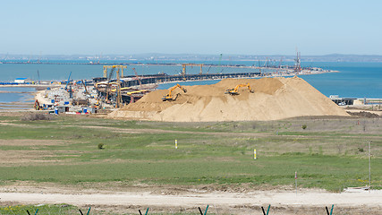 Image showing Taman, Russia - April 15, 2017: General view from the tamani side on the construction of the bridge across the Kerch Strait, as of April 2017