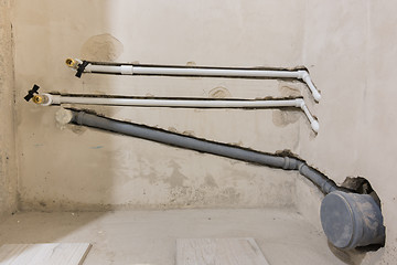 Image showing Water and sewage piping for toilet and washbasin installation