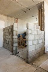 Image showing The erection of new walls from expanded clay blocks in a new building