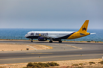 Image showing ARECIFE, SPAIN - APRIL, 16 2017: AirBus A321 of Monarch Airlines