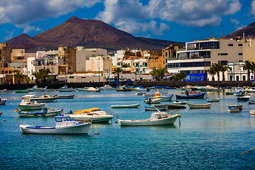 Image showing Small fishing boats in the lagoon in the capital Arrecife in Lan