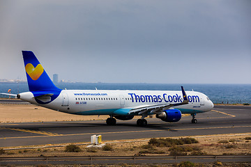 Image showing ARECIFE, SPAIN - APRIL, 16 2017: AirBus A321 of ThomasCook.com w