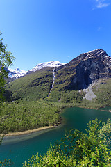 Image showing The ice-cold water from the glacier in Loen makes the water gree