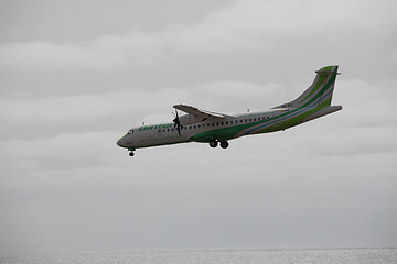 Image showing ARECIFE, SPAIN - APRIL, 15 2017: ATR 72 of Binter landing at Lan