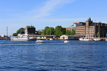 Image showing BERGEN HARBOR, NORWAY - MAY 27, 2017: Private boats on a row alo