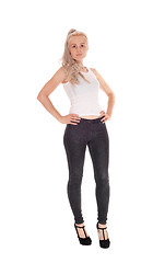 Image showing Blond woman in t-shirt and black jeans