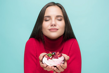 Image showing Beautiful women holding small cake. Birthday, holiday.