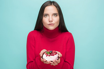 Image showing Beautiful women holding small cake. Birthday, holiday.