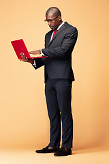 Image showing Handsome Afro American man standing with a laptop