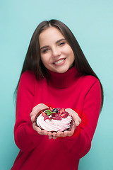 Image showing Beautiful women holding small cake. Birthday, holiday.