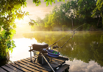 Image showing Fishing equipment on pier