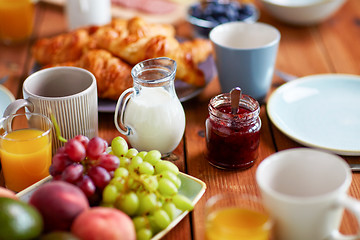 Image showing jar with jam on wooden table at breakfast
