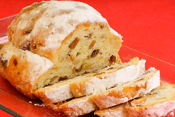 Image showing Sliced Christmas stollen fruit cake