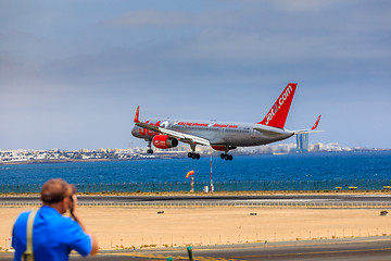 Image showing ARECIFE, SPAIN - APRIL, 15 2017: Boeing 757 - 200 of JET2 with t