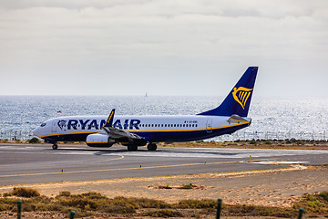 Image showing ARECIFE, SPAIN - APRIL, 15 2017: Boeing 737-800 of RYANAIR with 