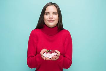 Image showing Beautiful women holding small cake. Birthday, holiday.