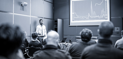 Image showing Skiled Public Speaker Giving a Talk at Business Meeting.