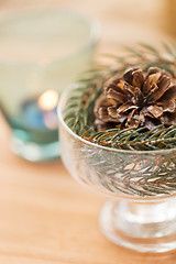 Image showing close up of christmas decoration of fir and cone