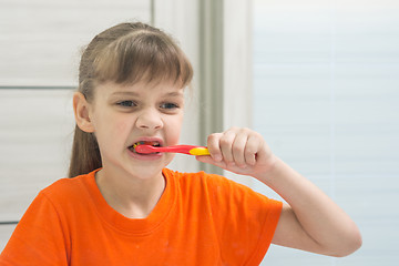 Image showing A teenage girl cleans her front teeth