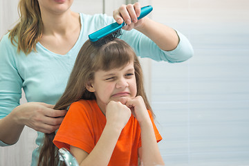 Image showing The daughter gnaws looking in the mirror while Mom combs her hair