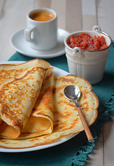 Image showing Breakfast with pancakes and coffee