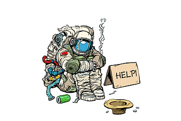 Image showing Crowdfunding concept. A poor homeless astronaut asks for money