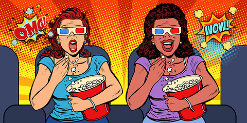 Image showing Two women with 3D glasses react differently to the movie. laughs