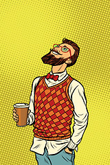 Image showing Hipster drinks coffee and looks up