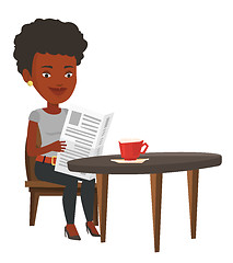 Image showing Woman reading newspaper and drinking coffee.