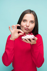 Image showing Beautiful women holding small cake. Birthday, holiday.