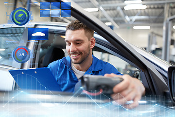 Image showing mechanic man with diagnostic scanner at car shop