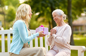 Image showing daughter giving present to senior mother at park