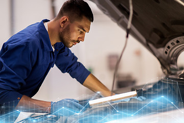 Image showing mechanic man with lamp repairing car at workshop