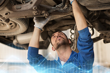 Image showing mechanic man or smith repairing car at workshop