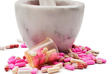 Image showing Pink pills and marble mortar