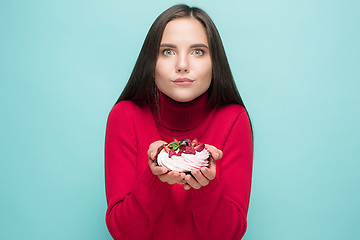 Image showing Beautiful women holding small cake. Birthday, holiday.