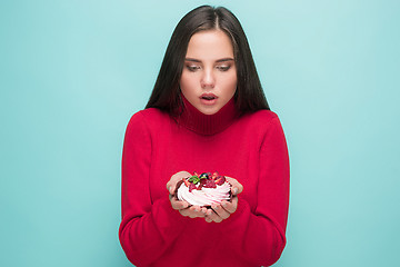 Image showing Beautiful women holding small cake. Birthday, holiday.