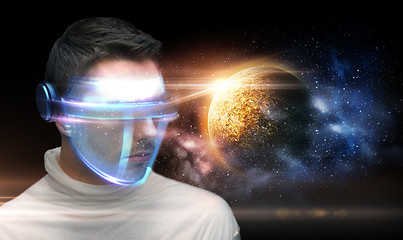 Image showing man in 3d glasses over planet and space