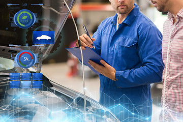 Image showing auto mechanic with clipboard and man at car shop