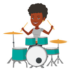 Image showing Woman playing on drum kit vector illustration.