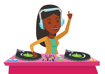 Image showing DJ mixing music on turntables vector illustration.