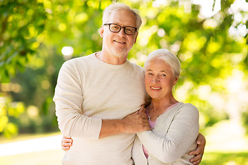 Image showing happy senior couple hugging at summer park