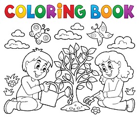 Image showing Coloring book kids planting tree