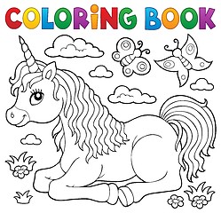 Image showing Coloring book lying unicorn theme 1