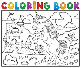 Image showing Coloring book standing unicorn theme 2