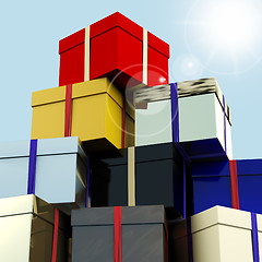 Image showing Multicolored Giftboxes  With Sky Background As Presents For The 