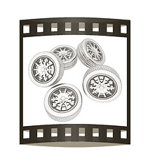 Image showing Car wheels. Top view. 3d illustration. The film strip.